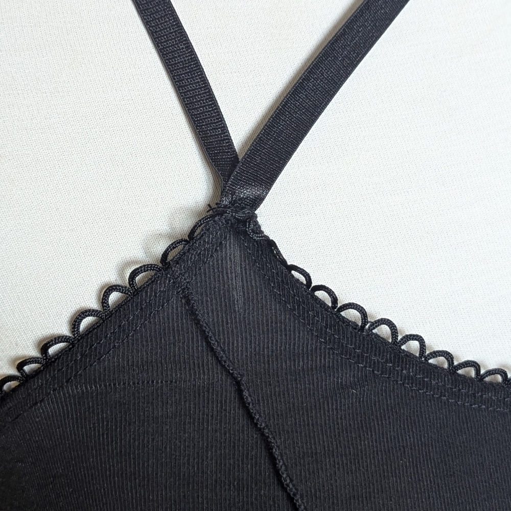 Y2K Black Halter Neck Midi Dress Strap 2000s Bodycon Party Cocktail Raw Edge - Picture 9 of 15